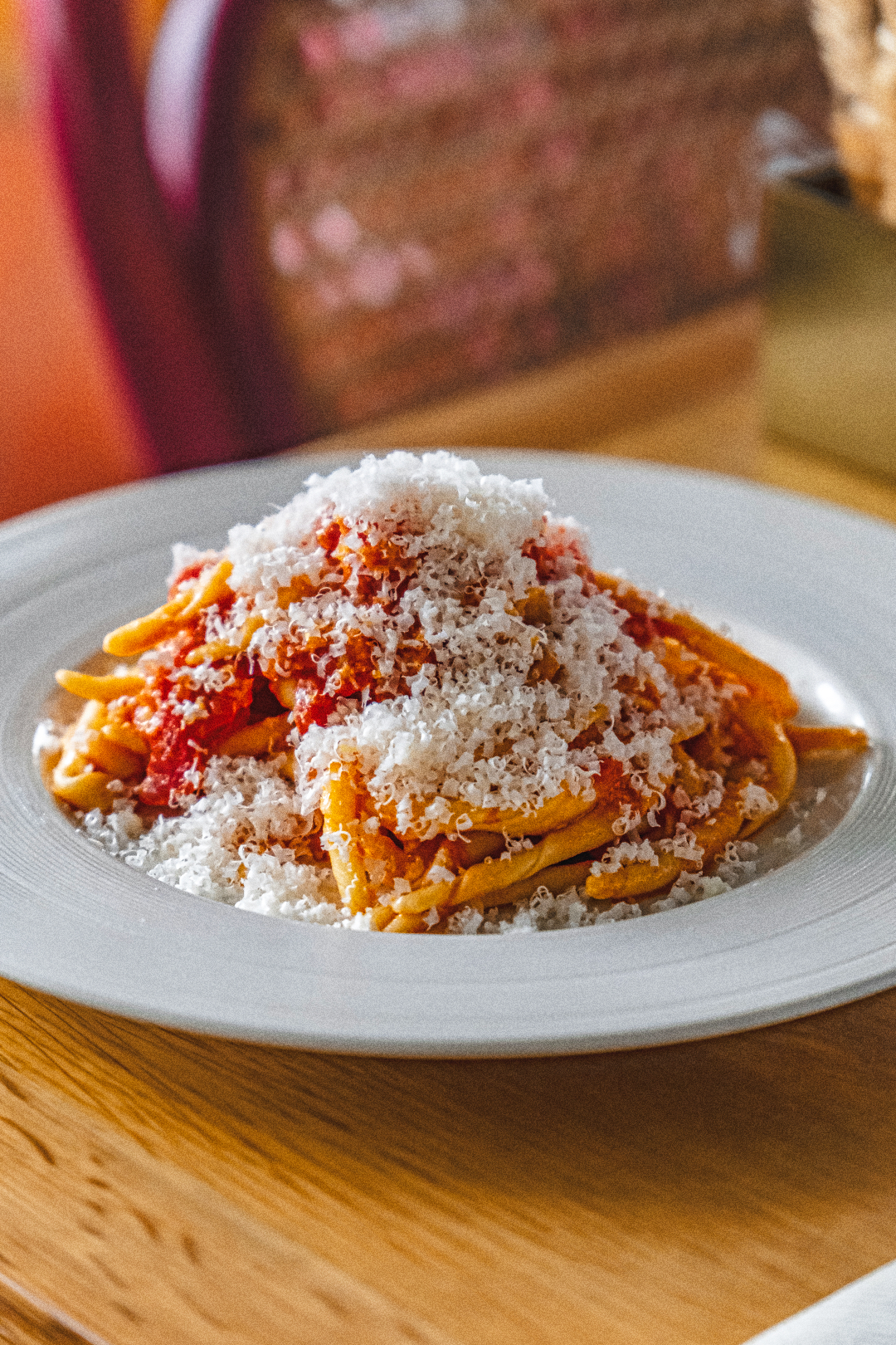 Formai-Q1-SMShoot-FoodDishes-260325-R1-13 Sagne 'ncannulate at Forma - Hand-twisted ribbons of durum wheat pasta paired with a fresh tomato sauce, basil, a hint of peperoncino and Pecorino Romano D.O.P.