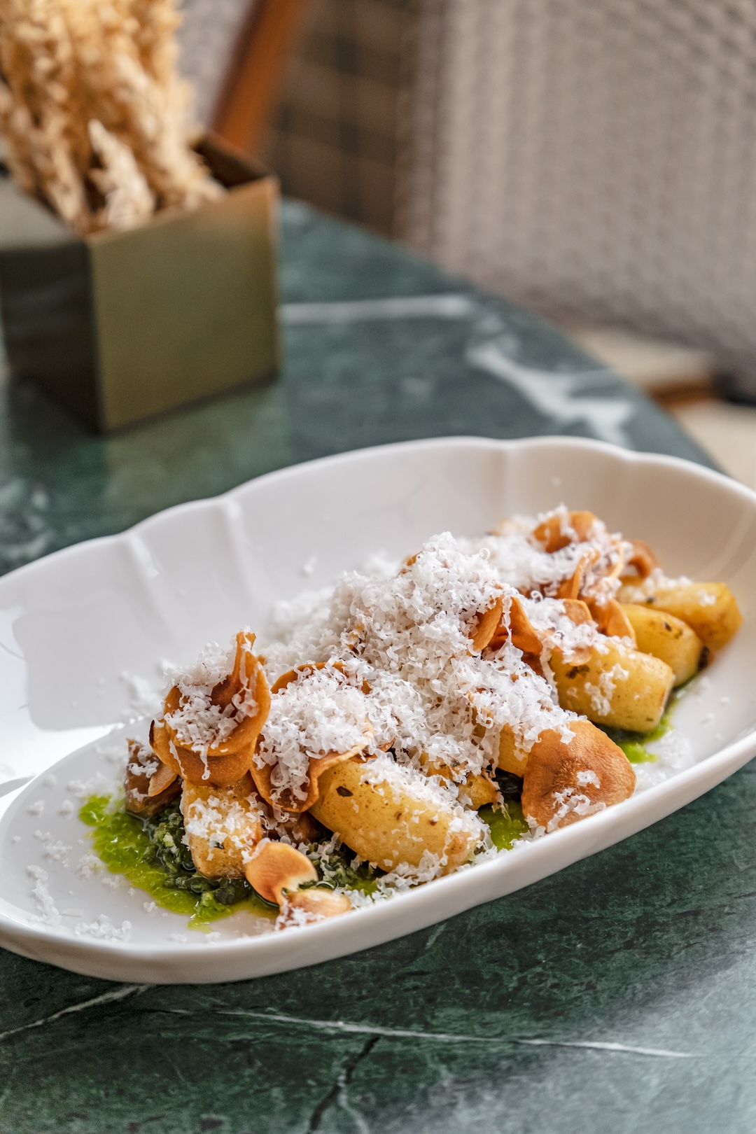 Formai-Q1-SMShoot-FoodDishes-260325-R1-33 Pastinaca con Salsa Verde e Datteri at Forma - parsnip confit, parsnip chips, herb dressing, dates puree, parmigiana reggiano